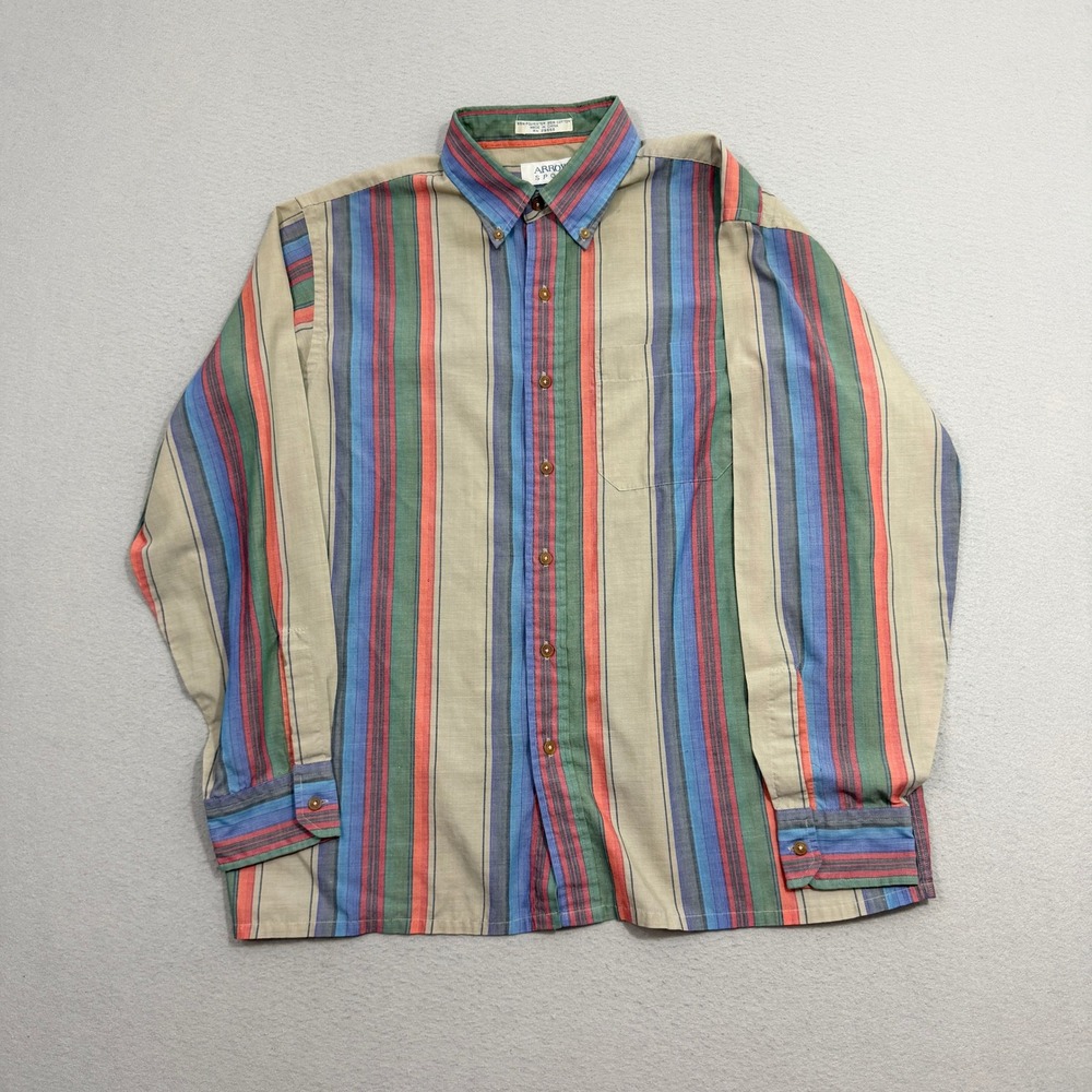 Vintage Arrow Sport Button Shirt Large Vertical Striped Rockabilly 70s 80s Thin